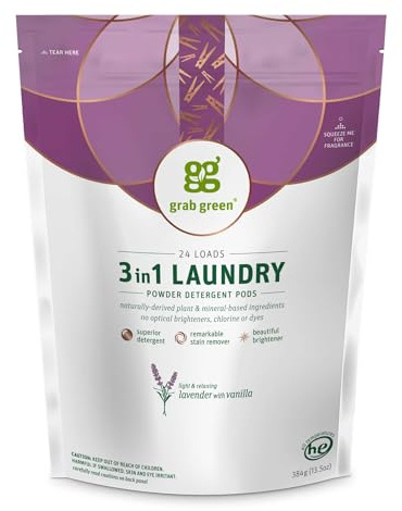 Detergente Grab Green 3 en 1 100319 , 24 Loads, Lavender With Vanilla, 1 | A base de plantas y minerales; alimentado por enzimas; cierre de velcro; abrillantador de lavandería; quitamanchas