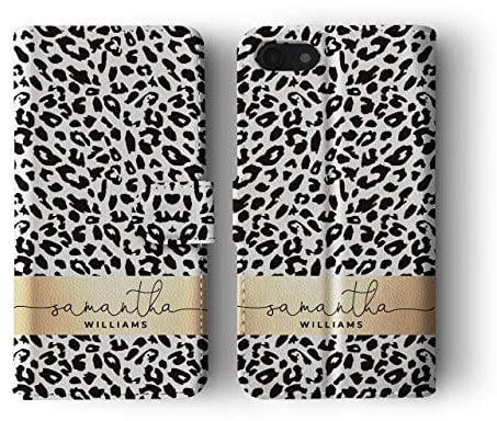 Tirita Personalised Initials Custom Wallet Leather Flip Phone Case Compatible with iPhone 7 Plus & 8 Plus PRINTED GLITTER, NOT REAL GLITTER Wild Animal Skin Print Leopard Cheetah Snake Giraffe