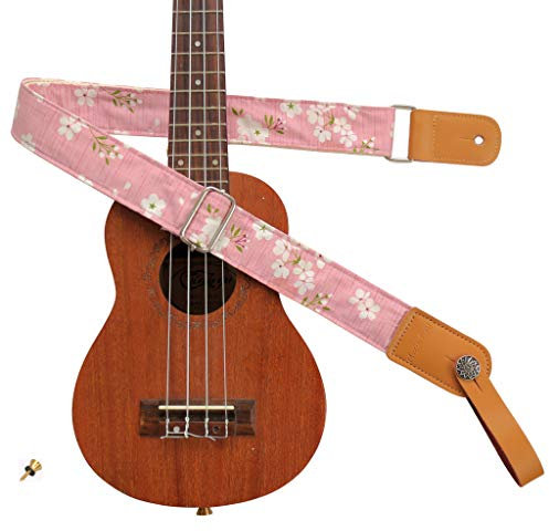 MUSIC FIRST Original Design Vintage Pink Sakura weiche Baumwolle & echtes Leder Ukulelengurt Ukulele Schultergurt mit einem MUSIC FIRST Echtledergurt Schließfach