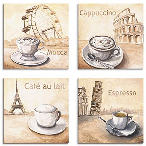 ARTLAND Wanddeko Küchenbilder Leinwand Bilder Set 4 teilig je 30x30 cm Quadratisch Kaffee Bilder Cappuccino Cafe Espresso S6MM