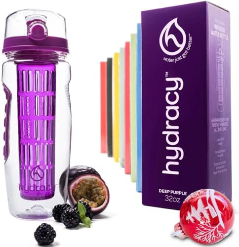 Hydracy Trinkflasche für Fruchtschorlen 1L - Sport Wasserflasche Bpa Frei mit Zeitmarke und Langem Infuser - Detox Sportflasche + 27 Köstlichen Rezepten Aufgegossenes Wasser eBook Geschenk - Lila
