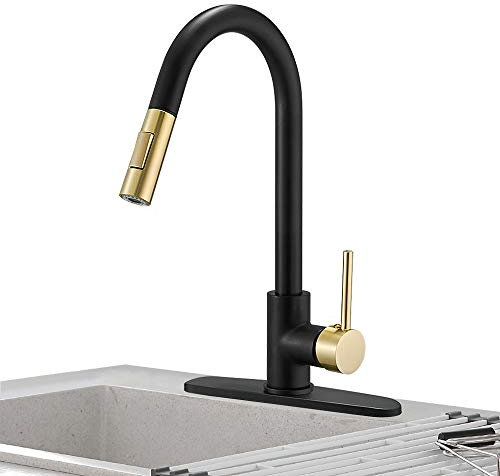Hoimpro - Miscelatore monocomando per lavello da cucina, con doccetta estraibile, moderno rubinetto per camper con doccetta estraibile, rubinetto dell'acqua touch, ottone/nero opaco e oro (1 o 3 fori)