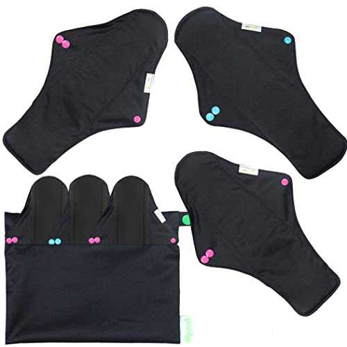 wegreeco Reusable Menstrual Pads - Reusable Sanitary Pads | Reusable Panty Liners | Soft Cloth Menstrual Pads - 6 Pack with 1 Cloth Mini Wet Bag (X-Large, Black)