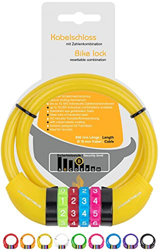 PROMETHEUS BICYCLES Fahrradschloss für Kinder Kabel-Schloss Zahlen-Code für Kinderfahrrad Laufrad 650 mm in Gelb