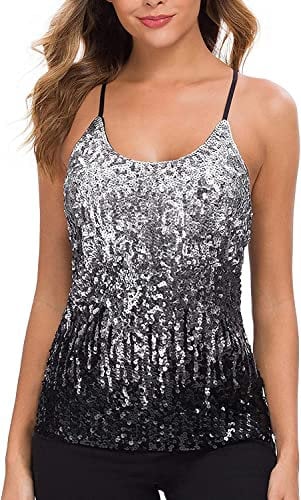 WILLIAMHUA Damen Pailletten Tops Glitzer Oberteile Sparkle Party Weste Ärmellos Tunika Weste Damen Sequin Tank Top (XL, Schwarz)