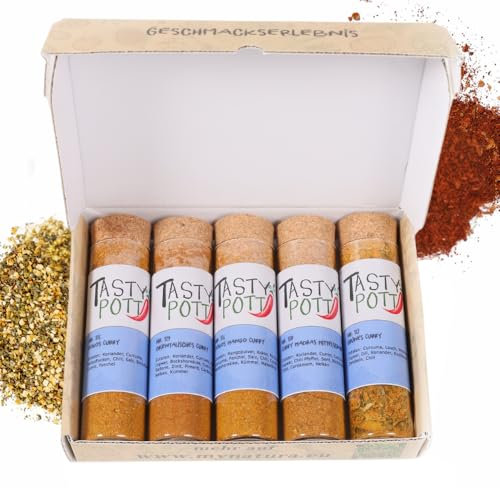 Tasty Pott Dank-Box I Curry Gewürze I Gewürz-Set I Geschenk Idee für Familie und Freunde I Würzig I Spices I Geschenk fertig I Gewürzmischungen I Gewürz im Glas I Geschenk Set (Curry Mix, Alles Gute!)