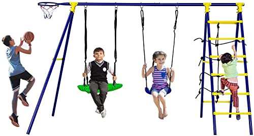 Maxmass Kids Swing Set, 5-in-1 Metal Outdoor Swing Frame with Saucer Swing, Plastic Swing, Basketball Hoop, Climbing Net & Climbing Ladder, Backyard Playground Garden Play Toy for Children Toddlers
