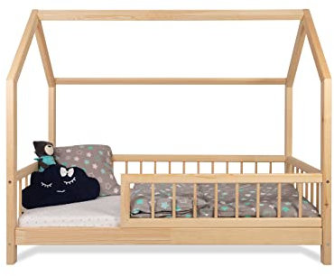 Alije Kinderbett Bett Hausbett mit Rausfallschutz Latternost Bettgestell aus Kiefer Holz für Haus Kinder Jungen & Mädchen - Holzbett Baby Kinderzimmer Junge Deko (Rausfallschutz: MIT) (70x140cm)