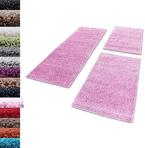 Carpettex Bettumrandung Schlafzimmer 3teilig Shaggy Teppich Hochflor Einfarbig Pink Bettset:2 mal 80x250 + 1 mal 100x200 - Bettvorleger Schlafzimmer Läuferset Weicher Flauschig Bettumrandung Teppich