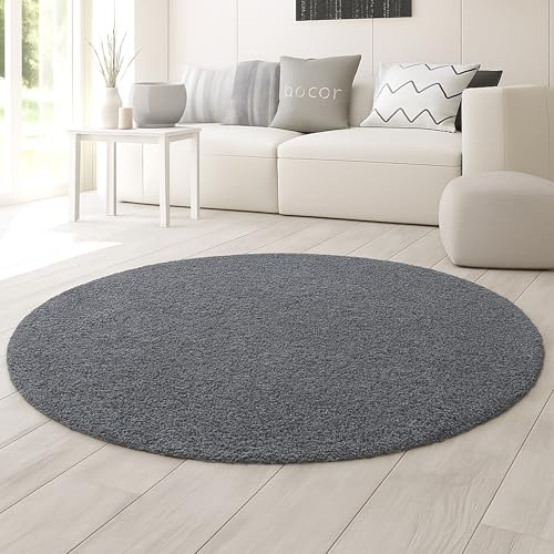 Teppich-Traum Moderner Shaggy Teppich Rund Hochflor Anthrazit Ø 80 cm | Kuschelig-weich, pflegeleicht, robust, formstabil, allergikergeeignet, saugrobotergeeignet, OEKO-TEX geprüft, fürs Büro