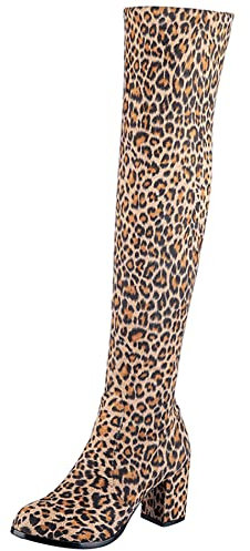 Lroey Reoly Stivali Alti da Donna con Tacco Largo, Stivali Elasticoizzati Tacco Alto Punta Rotonda Boots Festa Zip 028 Leopard/Rl Numero 43 EU