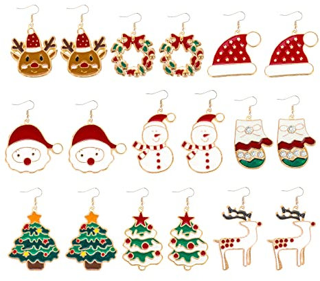 Sibba 9 Paar Weihnachten Tropfen Ohrringe Weihnachtsschmuck Hängend Ohrhänger Weihnachtsbaum Schneemann Elch Weihnachtsmütze Weihnachtskranz Weihnachts Ohrringe Mädchen Damen Christmas Earrings Stil A