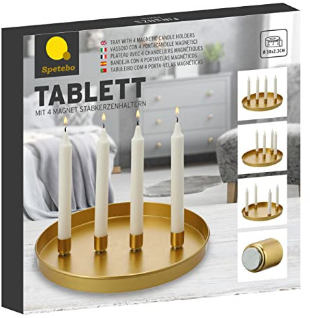 Metall Kerzen Tablett Ø 30 cm mit 4 magnetischen Kerzenhaltern für Stabkerzen - Farbe: Gold - Deko Tablett mit magnetischen Kerzenhaltern - Tafelkerzen Halter Magnet Kerzen Leuchter Ständer