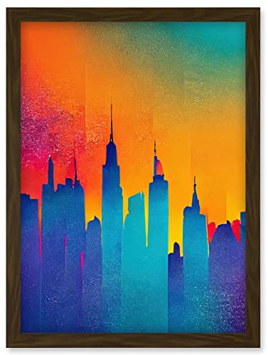 Wee Blue Coo Modern Abstract Warm Bright Colourful New York Sunset Skyline Artwork Framed Wall Art Print A4