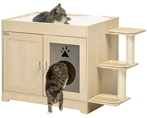 PawHut Arenero para Gatos de Madera con 2 Puertas Mueble Arenero para Gatos con Cama Cojín Suave 3 Plataformas y Postes de Sisal 107x54x70 cm Roble