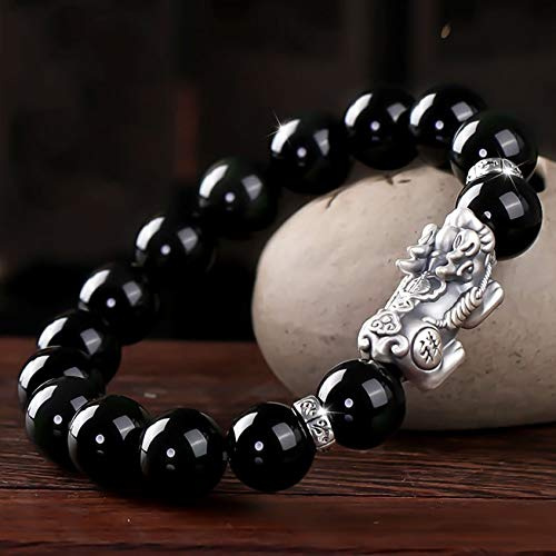 Bettelarmband Feng Shui Reichtumsarmband Naturschwarzer Obsidian Pi Xiu Armband Perlen Reines Silber Pi Yao Kristallarmband Glücksbringer Tian Lu Glücksverheißendes Wort Quarz Amulett Wohlstand Geld G
