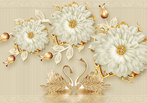 wandmotiv24 Fototapete Blüten Ornamente gold weiß, 400 x 280 cm - selbstklebende Strukturtapete, Wanddeko, Wandbild, Wandtapete, Schwäne beige M6247