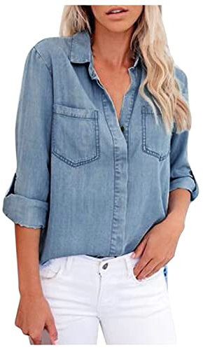 Camicia da donna sciancrata, lunga, a maniche lunghe, elegante, con scollo a V, casual, grande, oversize, a maniche lunghe, Blu, M