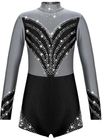 Agoky Mädchen Langarm Turnanzug Farbblock Gymnastikanzug Glitzer Mesh Spleiß Leotard Body mit Bein Tanzbekleidung Silber Grau C 164