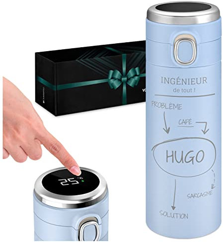 Maverton Mug Isotherme à personnaliser pour homme - 0,4l Bouteille isotherme avec Afficheur de température LED - Thermos à emporter gravé - pour papa - ami - anniversaire - ingénieur
