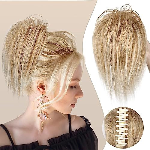 Colorfulpanda Pferdeschwanz mit Klammer Glatt Kurz Clip in Claw Haargummi Haarteil Ponytail Natürliches Kunsthaar Haar Haarverlängerunge Unordentlich Dutt blond für Damen Mädchen