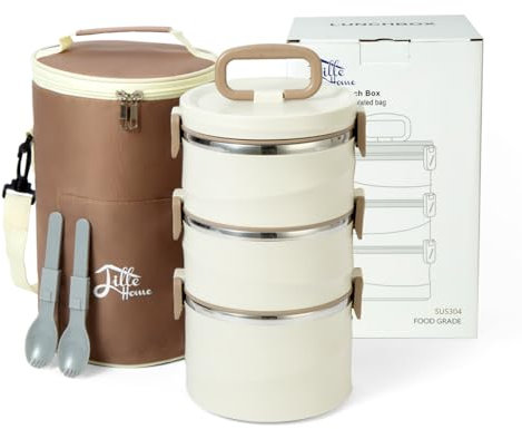 Lille Home stapelbare Lunch-/Snackbox aus Edelstahl mit Thermofach, 2600 ml, isolierter Bento-/Lebensmittelbehälter mit 3 Ebenen und Lunchtasche
