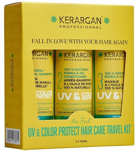 Kerargan - Kit de Voyage Protecteur UV & Couleur à l'Huile de Marula pour Cheveux Secs et Colorés - Shampoing, Après-Shampoing, Masque - Sans Sulfate, OGM, Huile Minérale - 3x100ml