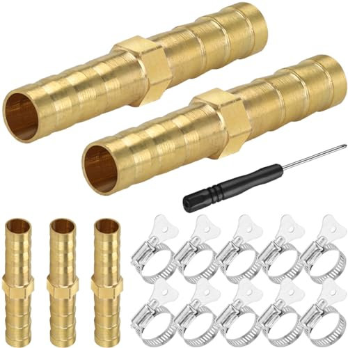 Xiatiaosann Schlauchverbinder Messing Widerhaken Fitting 6mm, Gerader Anschluss Schlauchverschraubung für Luft, Gas, Wasser, Kraftstoff, mit Edelstahl-Rohrklemmen, 5 Stück