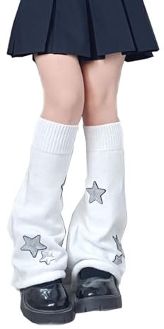 Golden Apple Knitted Leg Warmers Gyaru Gothic Punk Knee High Stockings Retro Stars Pattern Y2K Boots Cuff Warmer for Women (White)
