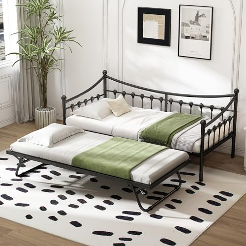 Einzelbettx2, Kinderbett, Tagesbett, Sofabett, Metallbett, Klappbett, Eisenrahmenbett, Sicherheitsgeländer, glatt poliert, Faltbares Design, klappbar, pflegeleicht, robust und langlebig, kleiner Haush