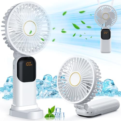 Handventilator, Tragbarer Leise Mini Ventilator, Wiederaufladbar USB Ventilator, Klein Taschenventilator Mit 5 Geschwindigkeitsstufen Digitalanzeige, Faltbarer Hand ventilatoren für Büro, Reisen(Weiß)