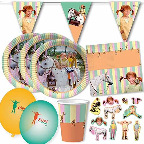 Pippi Langstrumpf-Partyset für 10 Kinder mit Teller, Becher, Dervietten, Balloms, Wimpelkette, Konfetti // Kindergeburtstag Pippi Langstrumpf Deko / DH-Konzept