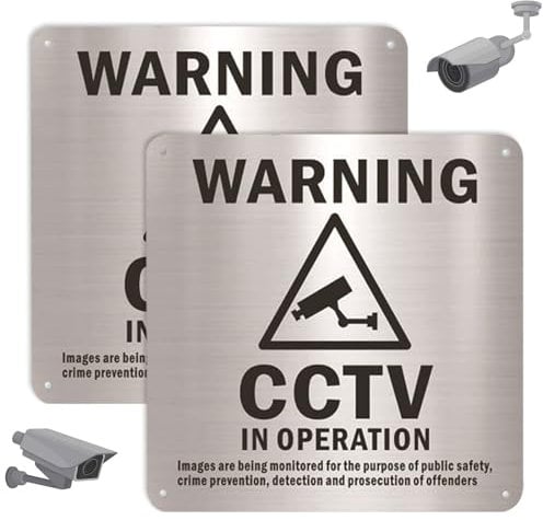 2 Pack CCTV in Operation Sign Brushed Aluminium CCTV Sign Self Adhesive 15x15cm Camera Security Camera Warning for Indoor & Outdoor Use
