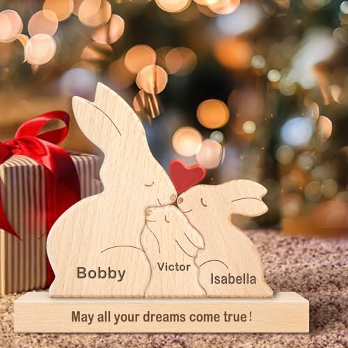 Personalisiertes Holzkunstpuzzle der Kaninchen Familie mit 1-8 Namen, benutzerdefinierte Familienname Skulptur Jigsaw, Tier Dekorativ Ornament Ideen für Geburtstag Weihnachten Jubiläum Muttervatertag