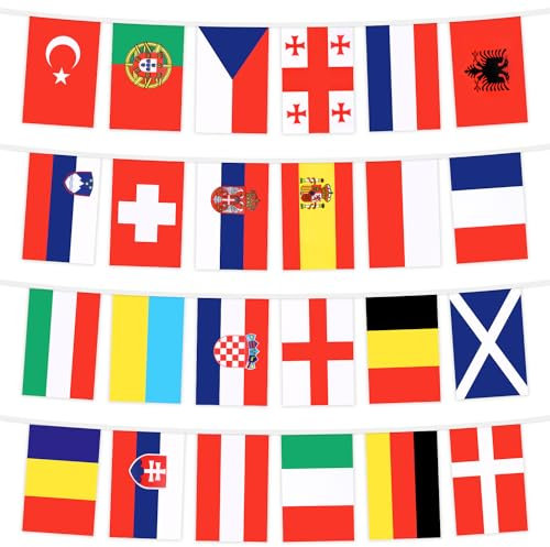 DERAYEE 24 Länder Fahnen Wimpelkette,Olympische Spiele Flaggenkette für Europameisterschaft Garten,Restaurant und Party(8m)