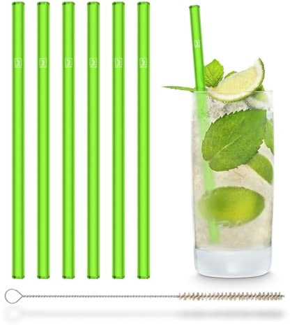 Halm Glass Drinking Straws, neon Green, 6 Reusable 20 cm, Glow in The Dark + Plastic-Free Cleaning Brush, Made in Germany, Dishwasher Safe, Straight