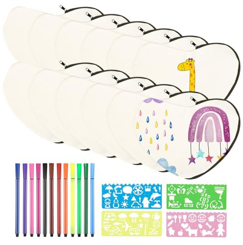 Lvefyti 10 Stück Herzförmig Stoffbeutel zum Bemalen, DIY Blanko Federmäppchen zum Bemalen mit 12 Buntstift, 4 DIY Malschablonen, Bemalen Bastelset Kindergeburtstag