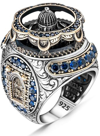 Massiver 925 Sterling Silber Al-Aqsa Moschee Motiv Islamischer Türkis Stein Herrenring Muslimischer religiöser Ring Geschenk für Papa (63)