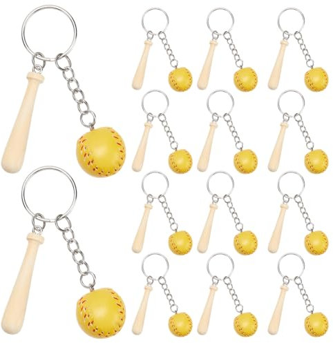 SOFPLATE 12 gelber Baseball Und Softball Schlüsselanhänger Große Hölzerne Baseball Schlüsselanhänger Mini Baseballschläger Aus PU Leder Softball Schlüsselringe Sport Schlüsselanhänger Für Partygesche