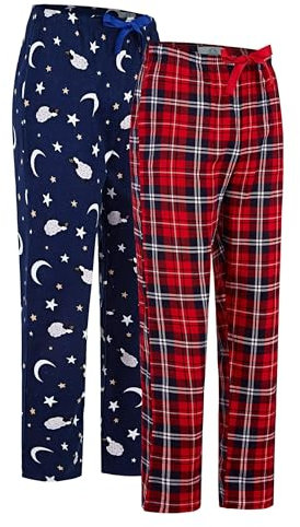 GLOBAL Bas de Pyjama Femme 100% Flanelle de Coton avec Poches et Cordon de Serrage Lot de 2 Moutons Bleu Marine & Carré Rouge M