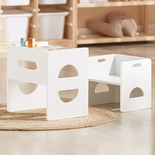FUNLIO Höhenverstellbarer Montessori Tisch und Stuhl Set für Alter 1-3, Massivholz Kleinkind, Entwöhnung Baby Tisch Stuhl Set für Essen/Spielen/Lesen, einfach zu montieren – Weiß
