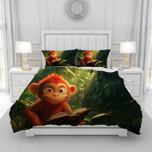 OUZUIU Bettbezug mit Affenmotiv, 3D-Druck, Tier-Bettbezug, Bettwäsche-Set, Bettbezug für Kinder, 3-teilig, mit Reißverschluss, 90 x 200 cm (35 x 79 Zoll), Bettbezug-Set