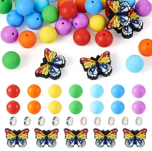 Cheriswelry 50pcs Rainbow Silicone Beads Set Butterfly Focal Silicone Spacer Beads 10-26mm for DIY Bracelet Lanyard Pen Making Decor
