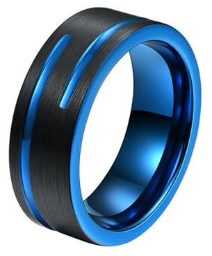 Tolldek Trauringe Männer Wolfram 8MM, Bandring Herrenringe Matte Gebürstet Rille Verlobungsring, Schwarz Blau Eheringe Trauringe, Gr.60 (19.1)