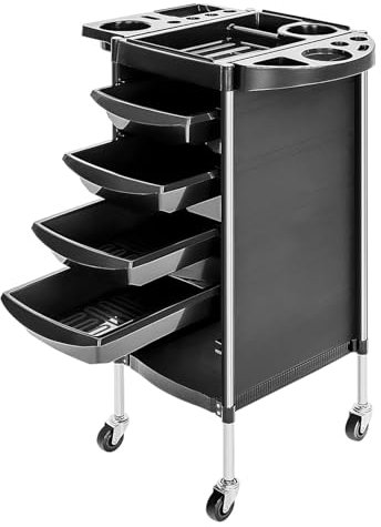 CROWNSHOP Hairdresser Trolley Salon Hairdressing Trolley with 4 Drawers Beauty Storage Cart Side Tray Hair Dryer Holder on Wheels Spa Barber Tool