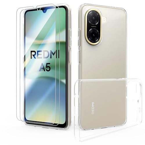 SMYTU Coque Xiaomi Redmi A5 4G (6.88) Transparente avec 2 Verre trempé écran Protecteur,Souple TPU Housse Étui de Protection Absorption de Choc avec Coin Renforcé Bumper Cover - Trasparente