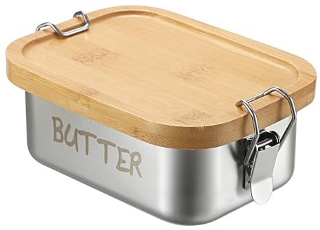 SUMNACON Butterdose Butterbox mit Bambusdeckel Butterschale Edelstahl 550ml | Butter Aufbewahrung Butterglocke mit Schnalle Versiegelte Butter Dish Spülmaschinenfest für Haushalt und Küche 15x6x9,6 cm