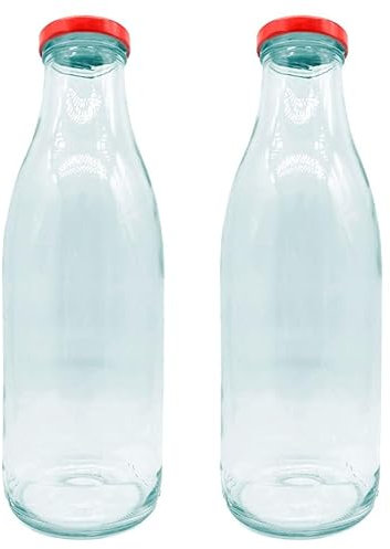 Acan Tradineur - Pack de 2 Botellas de Vidrio con Tapa roja de latón, Cierre de Rosca, Agua, Leche, Batidos, zumos, licuados de Verduras, frigorífico - 1 litro