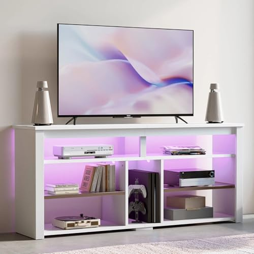 Bestier Mueble de TV Alto para televisores de 65, Soporte para TV con Almacenamiento para PS5, Consola de TV LED con Estante Ajustable para Sala de Estar, Fibra de Carbono Blanca