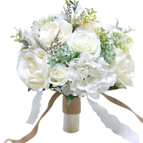 Gcroet Wedding Bouquets for Bride 11x10x10 Inch Lifelike Mixed Roses Flower Bouquet for Romantic Wedding Bridal Bouquets for Bride Valentine's Day Party Decorations, White..